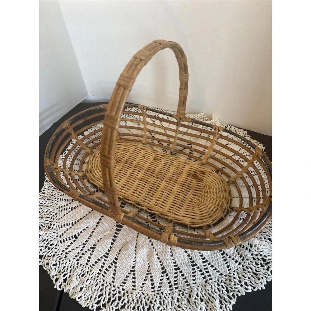 VTG Bentwood Bamboo Reed Gathering Basket Wicker Garden Trug Rattan BOHO Decor